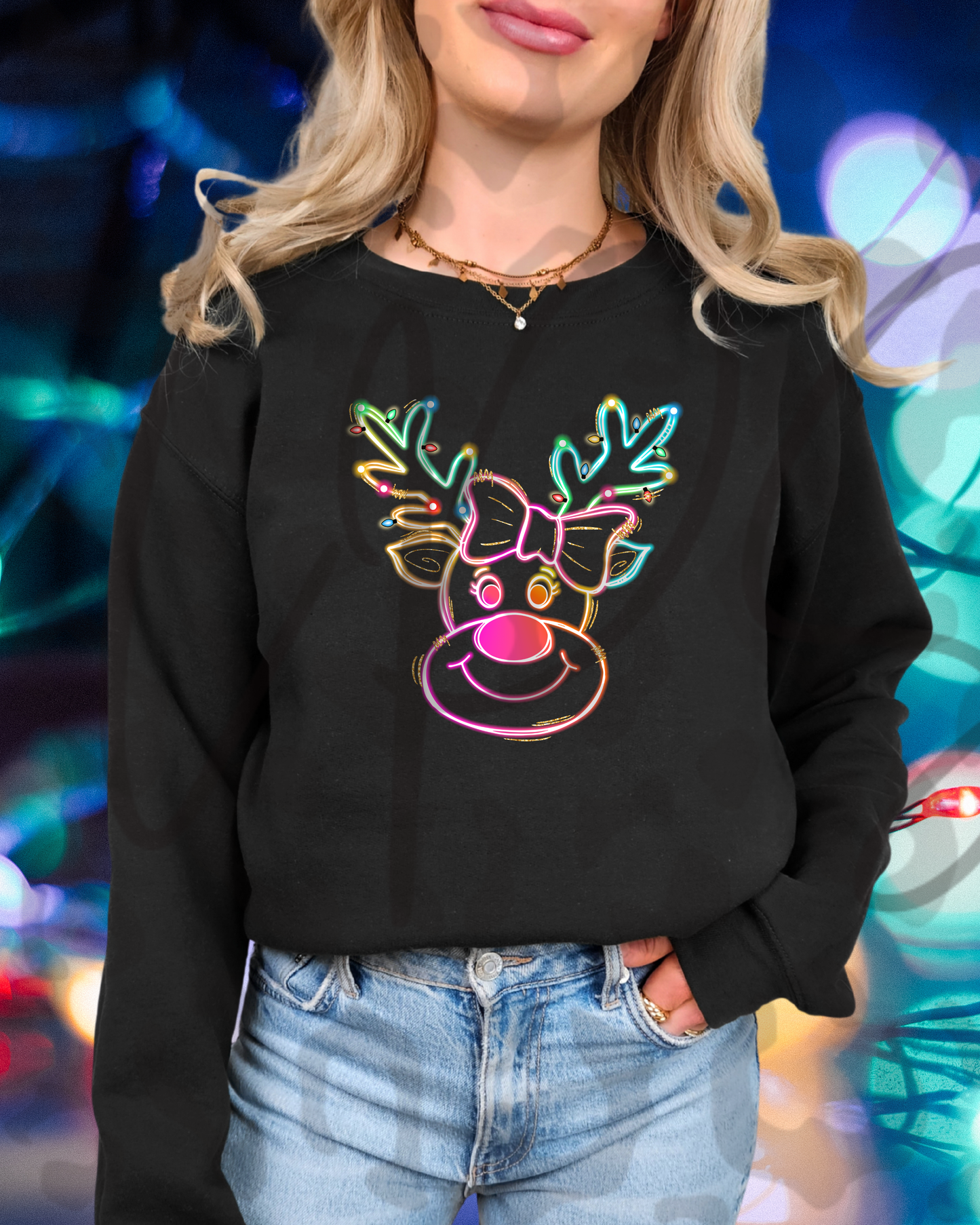 Neon Coquette Christmas Reindeer Crewneck
