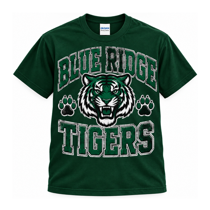 Blue Ridge Tigers Distressed Spirit Tee - Gildan Forest Green centered neck tag