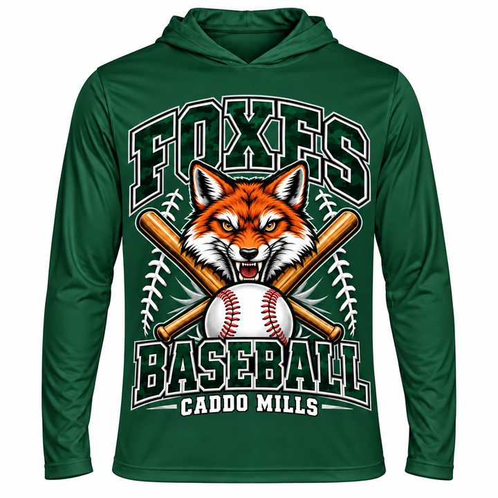 Caddo Mills Foxes baseball Team 365 adult forest performance hooded shirt front