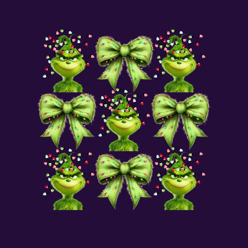 Grinch Pattern PNG – Christmas Lights Bow Seamless Design, Funny Holiday Green Grinch Clipart, Festive Digital Paper, Sublimation Download