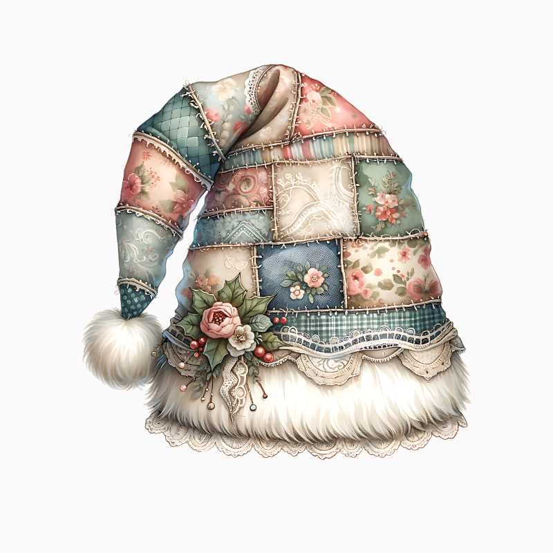 Patchwork Santa Hat PNG – Cozy Quilted Christmas Clipart | Holiday Downloadable Artwork