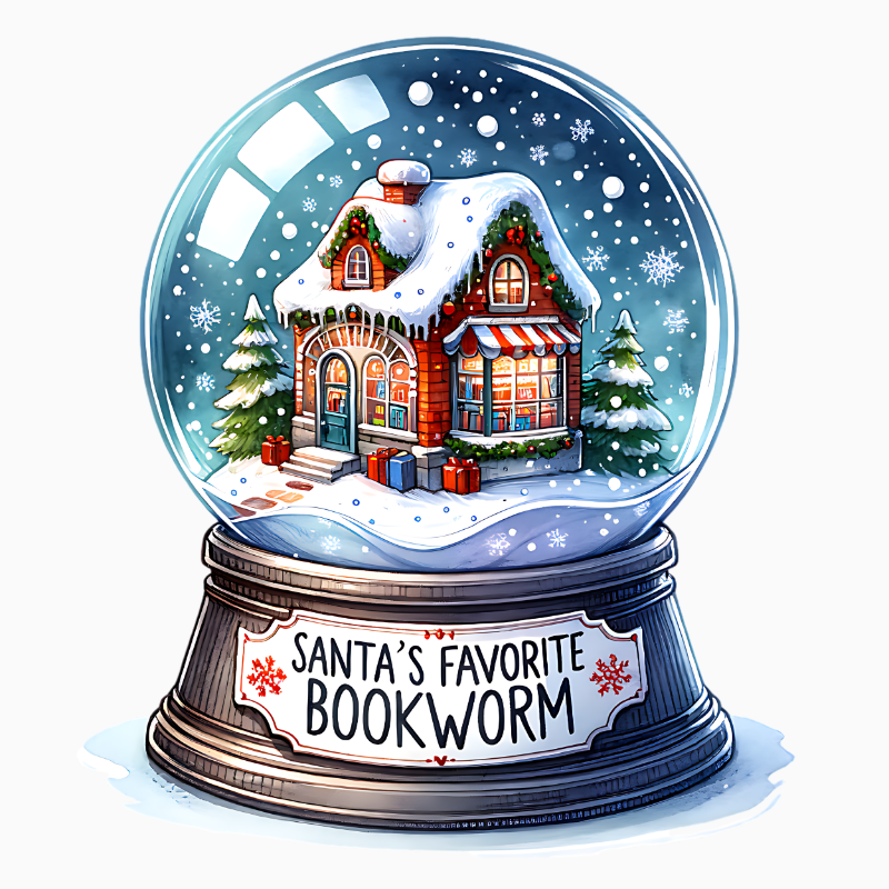 Santa’s Favorite Bookworm PNG – Cozy Winter House Snow Globe Clipart | Warm Christmas Sublimation Design