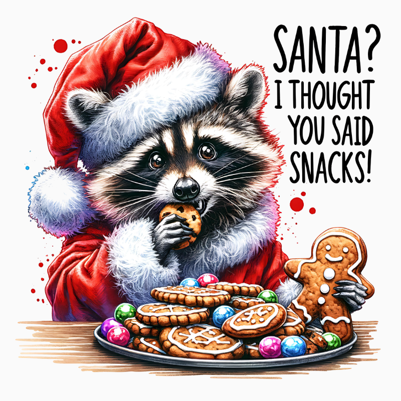 Funny Raccoon Christmas PNG – “Santa? I Thought You Said Snacks!” Holiday Clipart | Cute Cookie‑Loving Raccoon Artwork