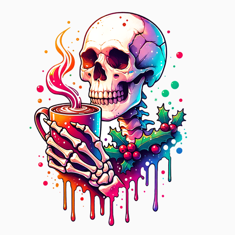 Colorful Skeleton Coffee PNG – Vibrant Holiday Skull Clipart | Artistic Gothic Christmas Sublimation Design
