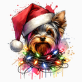Santa Hat Yorkie Christmas PNG | Festive Colorful Lights Dog Artwork for Sublimation, Crafts, and Holiday Gifts