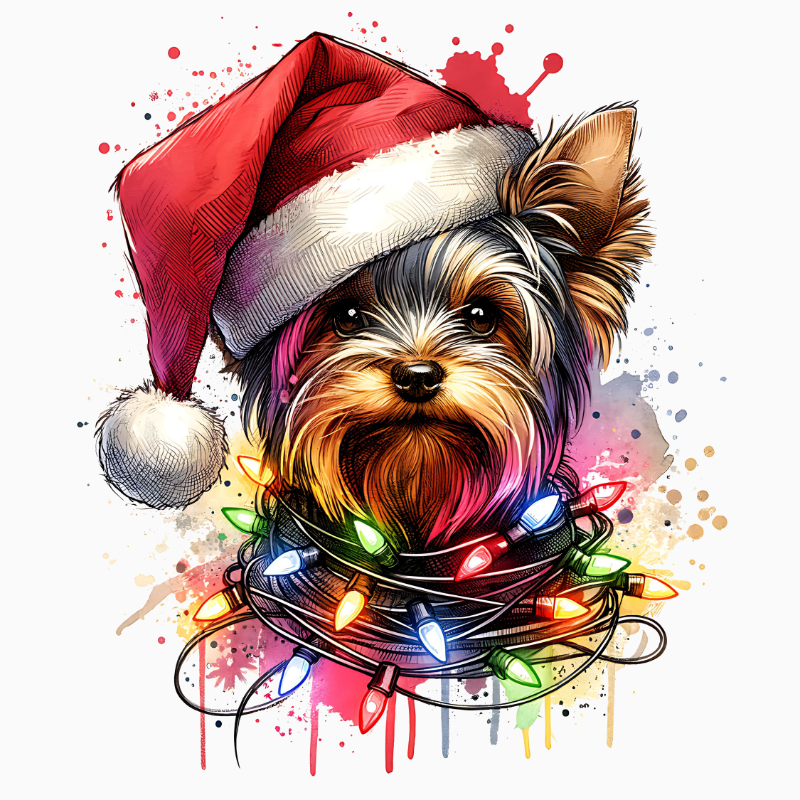 Santa Hat Yorkie Christmas PNG | Festive Colorful Lights Dog Artwork for Sublimation, Crafts, and Holiday Gifts