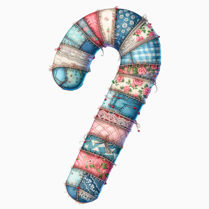 Patchwork Candy Cane PNG – Quilted Fabric Holiday Clipart | Cozy Vintage Christmas Sewing‑Style Sublimation Design