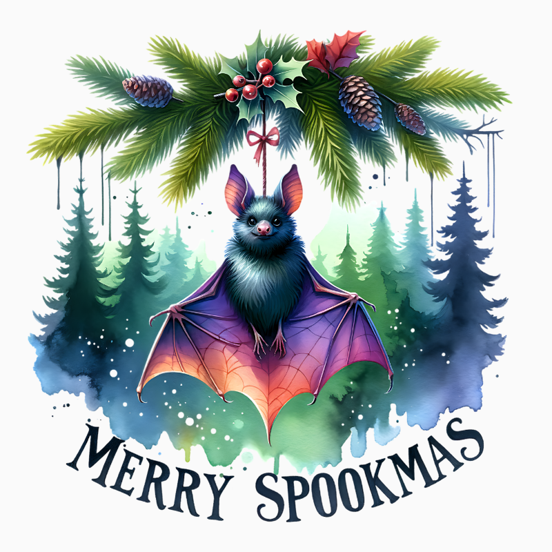 Merry Spookmas PNG – Cute Hanging Bat Clipart | Spooky Christmas Woodland Sublimation Design