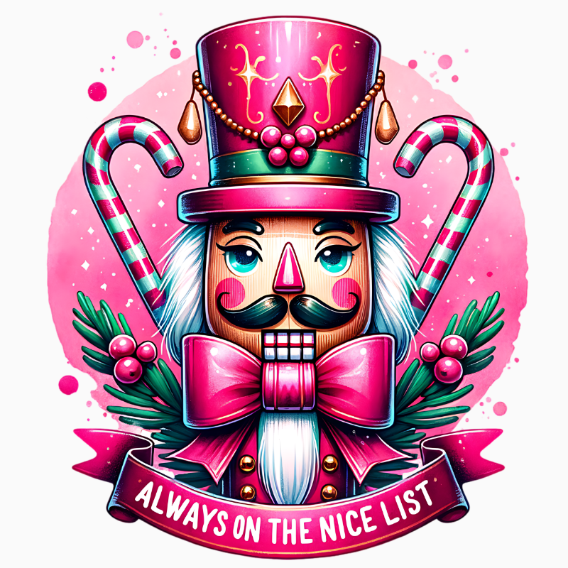 Always on the Nice List PNG – Pink Nutcracker Clipart | Festive Christmas Candy Cane Sublimation Design