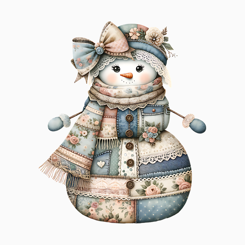 Patchwork Snowman PNG – Pastel Quilted Christmas Clipart | Cozy Vintage Holiday Artwork