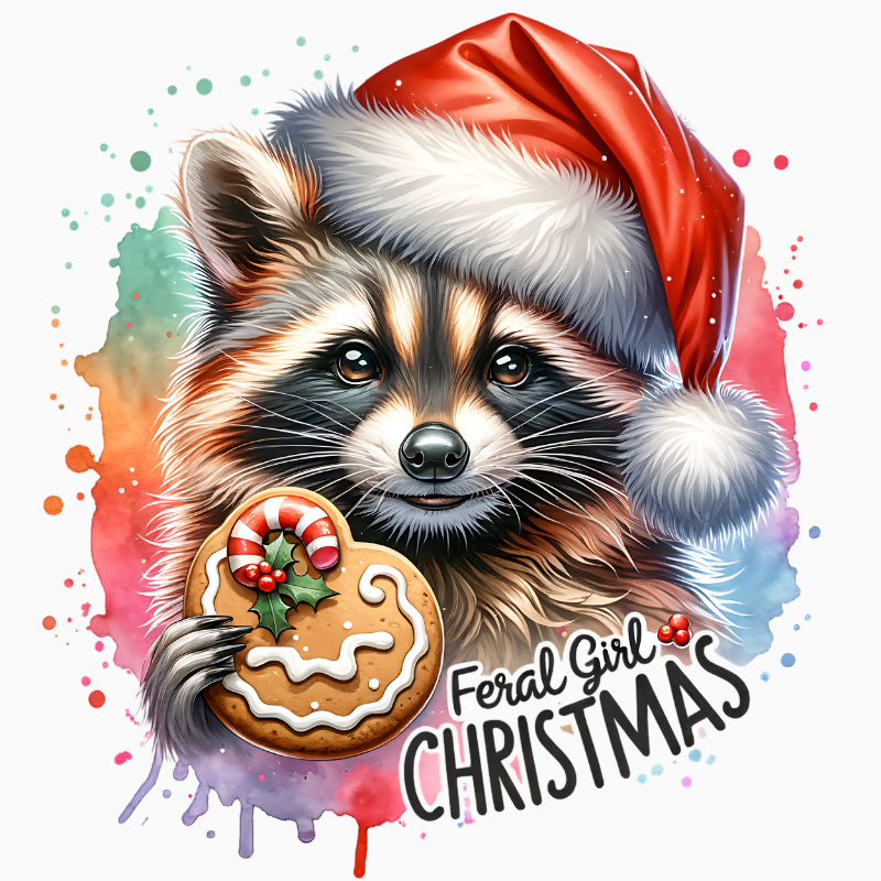 Feral Girl Christmas PNG – Santa Hat Raccoon with Gingerbread Clipart | Wild Holiday Animal Sublimation Design