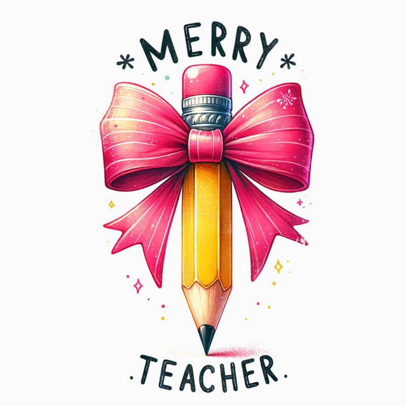 Merry Teacher PNG – Pencil with Pink Bow Clipart | Festive Christmas Teacher Sublimation Design