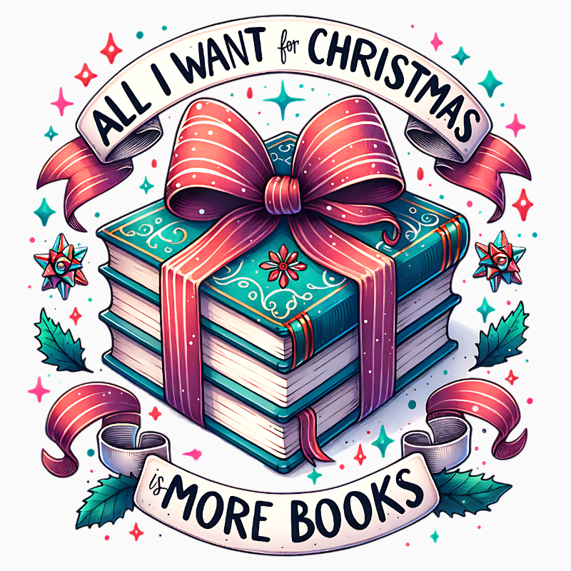 All I Want for Christmas Is More Books PNG – Festive Book Stack Clipart | Cozy Reader Holiday Sublimation Design