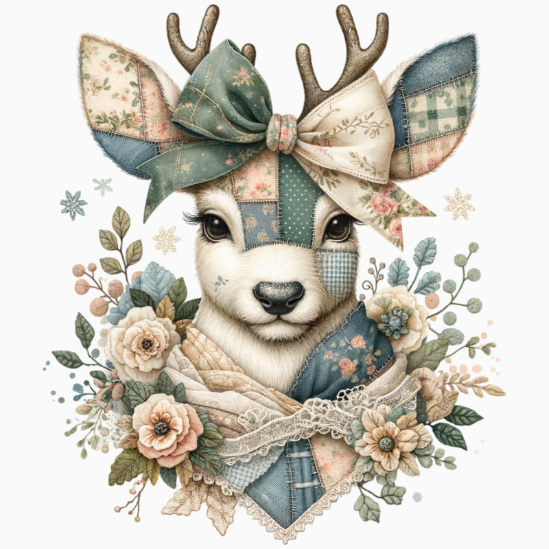 Patchwork Deer PNG – Quilted Fabric Woodland Clipart | Vintage Cottagecore Christmas Sublimation Design