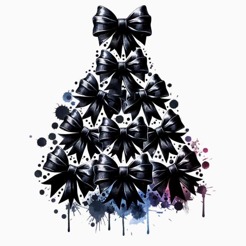 Black Bow Christmas Tree PNG – Gothic Glam Holiday Clipart | Modern Grunge Sublimation Design