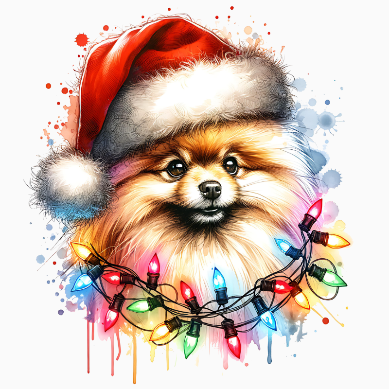 Christmas Dog PNG – Fluffy Santa Hat Pup Clipart | Colorful Lights Holiday Pet Sublimation Design