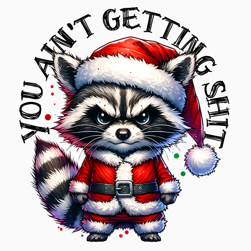 Funny Raccoon Santa PNG | Humor Christmas Animal Artwork for Sublimation, Crafts, and Festive Shirts