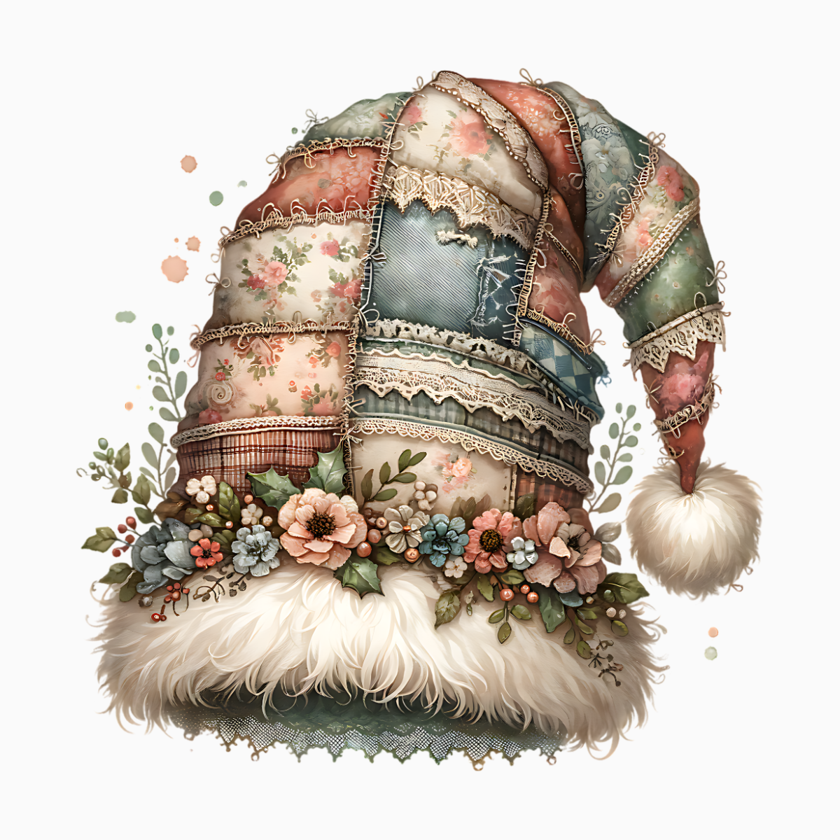 Patchwork Christmas Hat PNG – Quilted Santa/Elf Hat Clipart | Pastel Vintage Holiday Floral Artwork