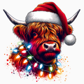 Highland Cow Christmas Lights PNG – Festive Santa Hat Cow Clipart | Rustic Holiday Farmhouse Sublimation Design
