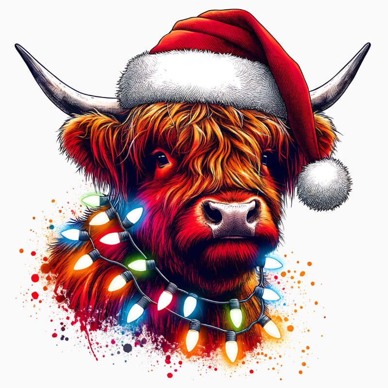 Highland Cow Christmas Lights PNG – Festive Santa Hat Cow Clipart | Rustic Holiday Farmhouse Sublimation Design