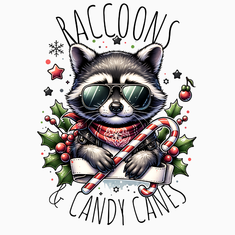 Raccoons & Candy Canes PNG – Cool Sunglasses Raccoon Clipart | Festive Holiday Animal Sublimation Design