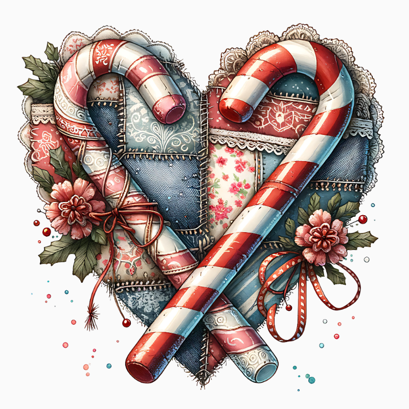 Patchwork Candy Cane Heart PNG – Quilted Christmas Clipart | Cozy Fabric Holiday Sublimation Design