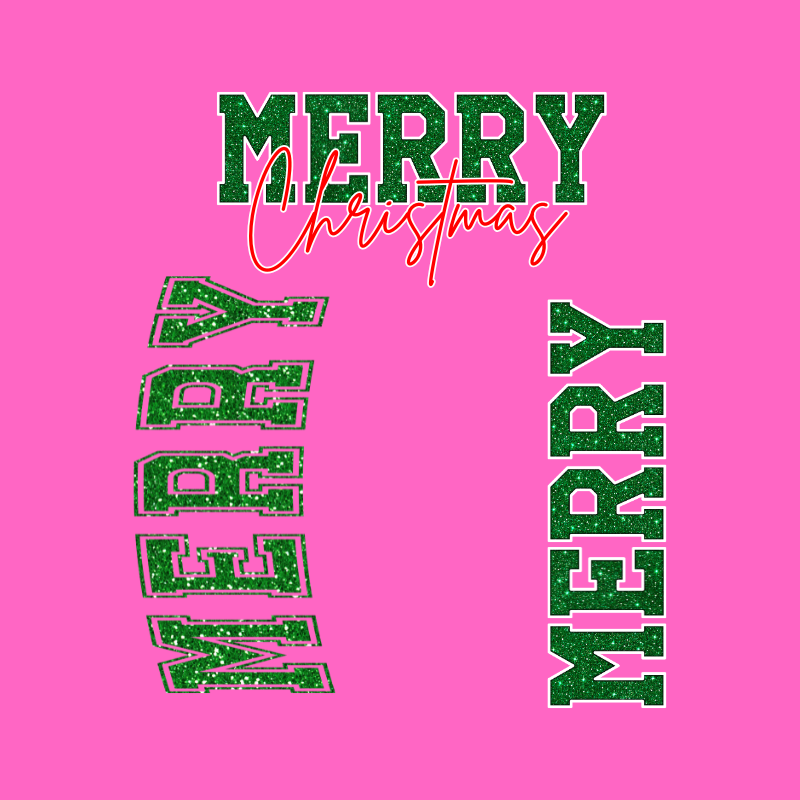 Merry Christmas Green Glitter PNG – Retro Holiday Typography, Curved & Vertical Merry Text Design, Festive Sublimation Graphic, Digital Download