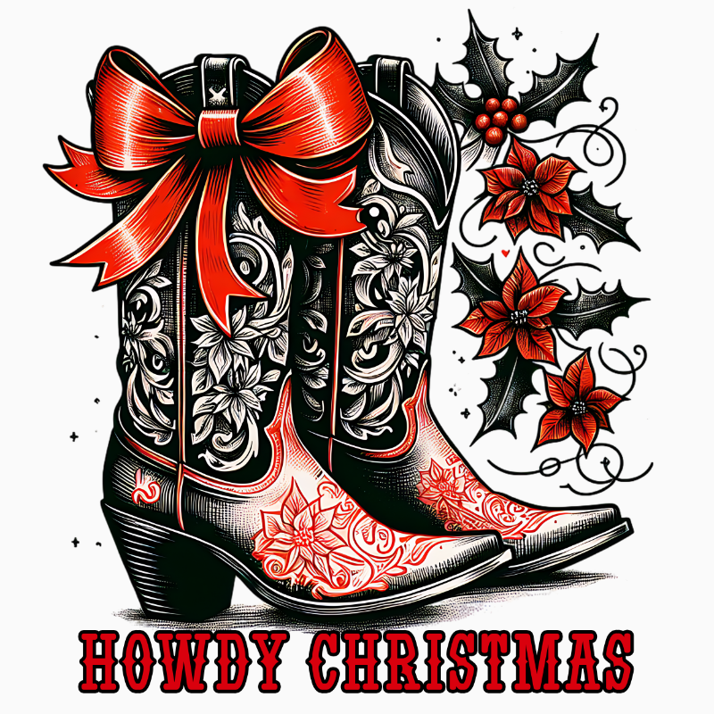Howdy Christmas PNG – Western Cowboy Boot Clipart | Floral Holiday Country Sublimation Design