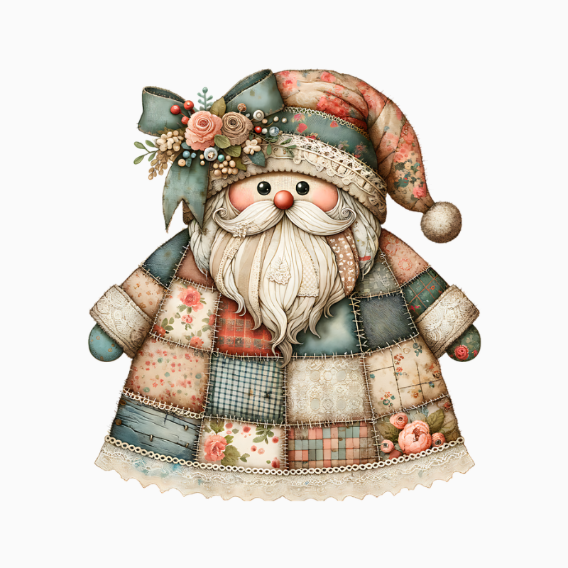 Patchwork Santa PNG – Quilted Christmas Clipart | Vintage Floral Holiday Artwork