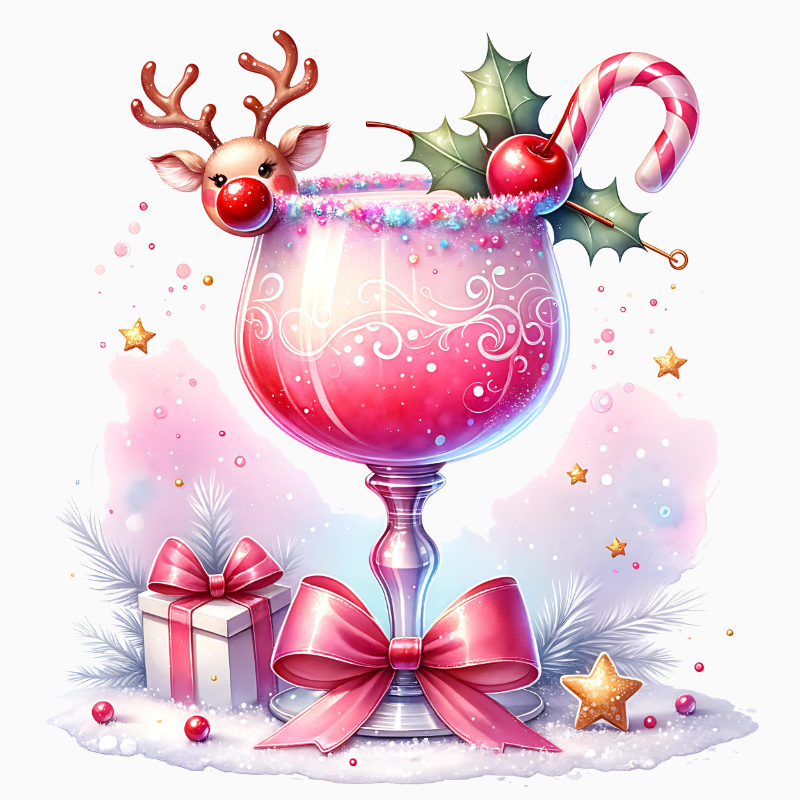 Pink Christmas Cocktail PNG – Festive Holiday Drink Clipart | Whimsical Reindeer Glass Sublimation Design