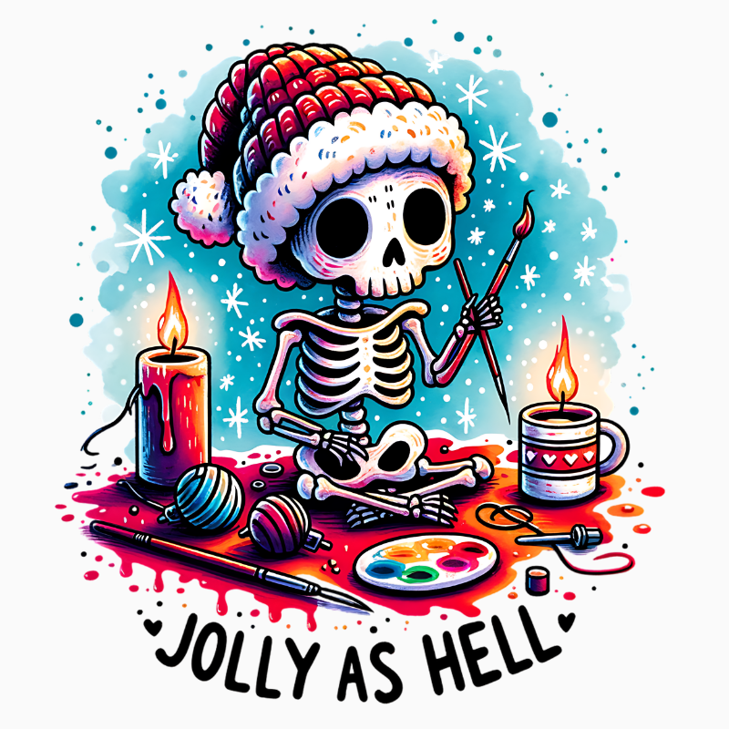 Jolly As Hell PNG – Skeleton Artist Christmas Clipart | Festive Crafting Humor Sublimation Design