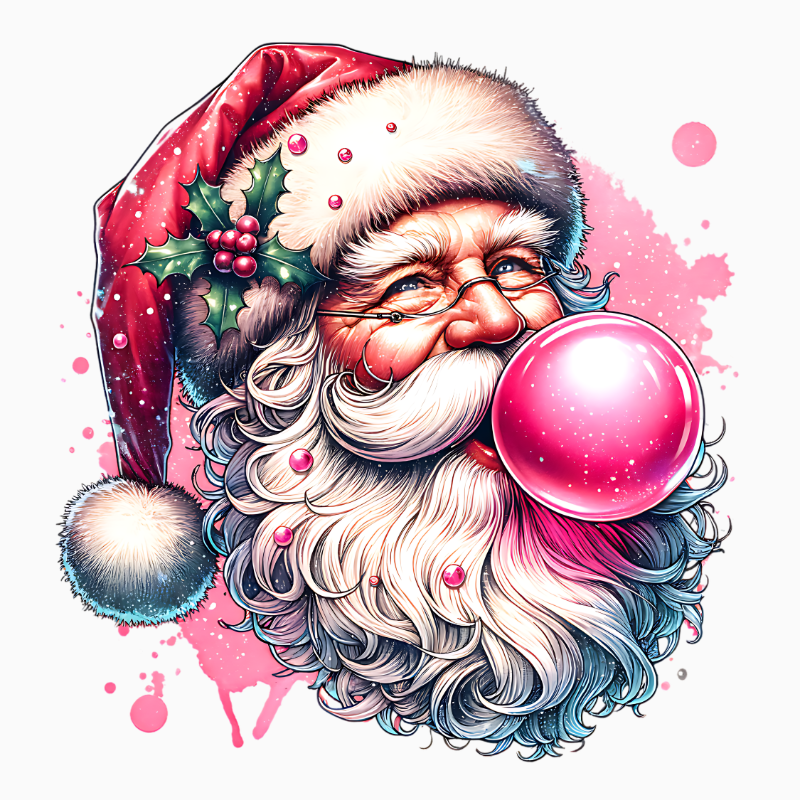 Bubblegum Santa PNG – Cute Pink Christmas Clipart | Modern Santa Blowing Bubble Artwork