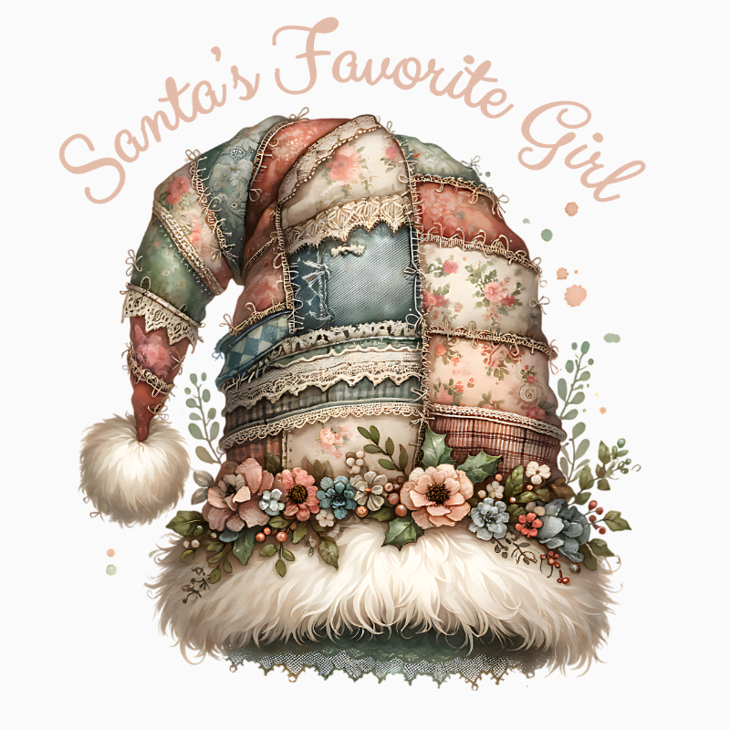 Santa’s Favorite Girl PNG – Patchwork Christmas Hat Clipart | Vintage Floral Holiday Sublimation Design