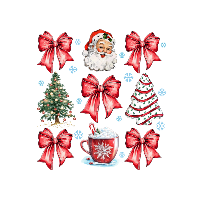 Christmas Icons PNG Bundle – Red Bows, Santa Face, Christmas Tree, Holiday Cookie & Cocoa Mug Clipart, Festive Sublimation Set, Digital Download