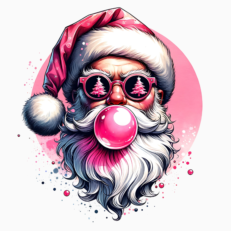 Pink Bubblegum Santa PNG – Cool Santa with Sunglasses Clipart | Modern Pop Art Christmas Design