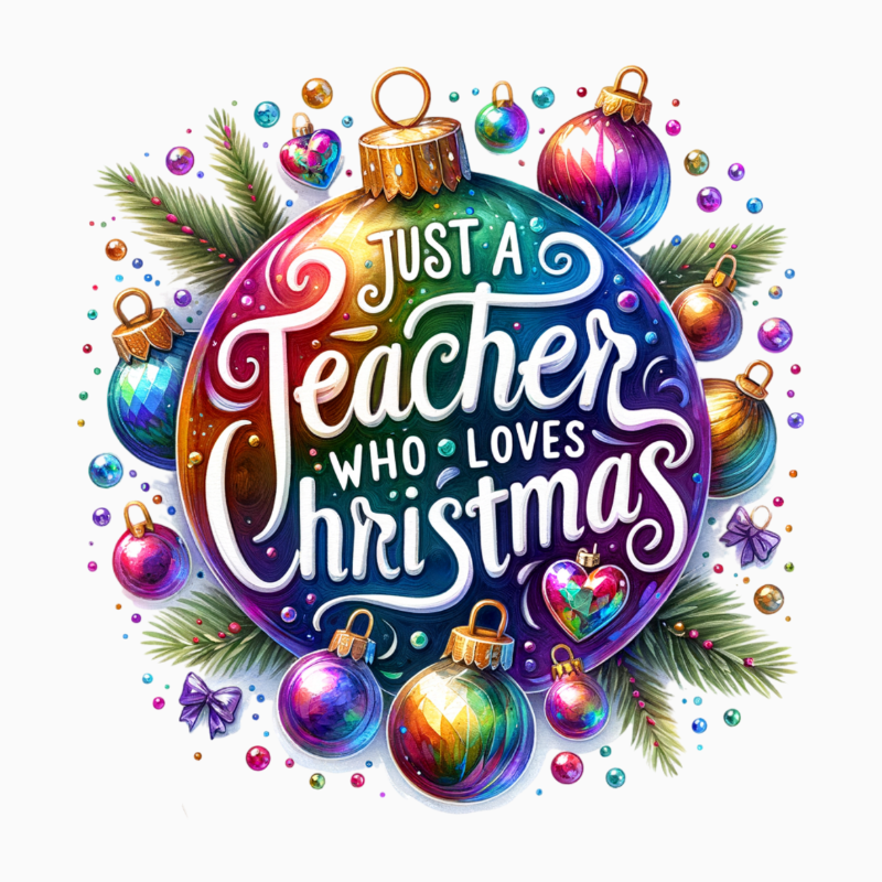 Just a Teacher Who Loves Christmas PNG – Colorful Ornament Clipart | Festive Teacher Holiday Sublimation Design
