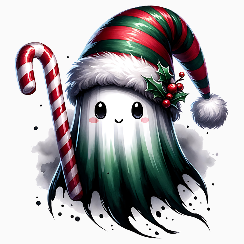 Christmas Candy Cane Ghost PNG – Festive Spooky Clipart | Whimsical Holiday Spirit Sublimation Design