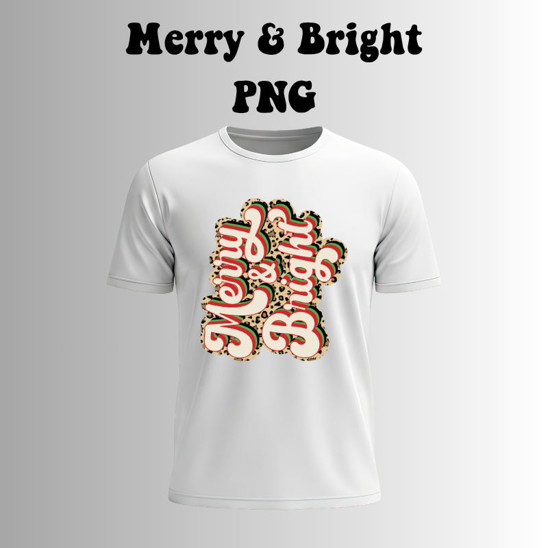 Merry & Bright PNG, Leopard Christmas Sublimation, Retro Holiday Text PNG, Festive Christmas Clipart, Printable Design, Digital Download