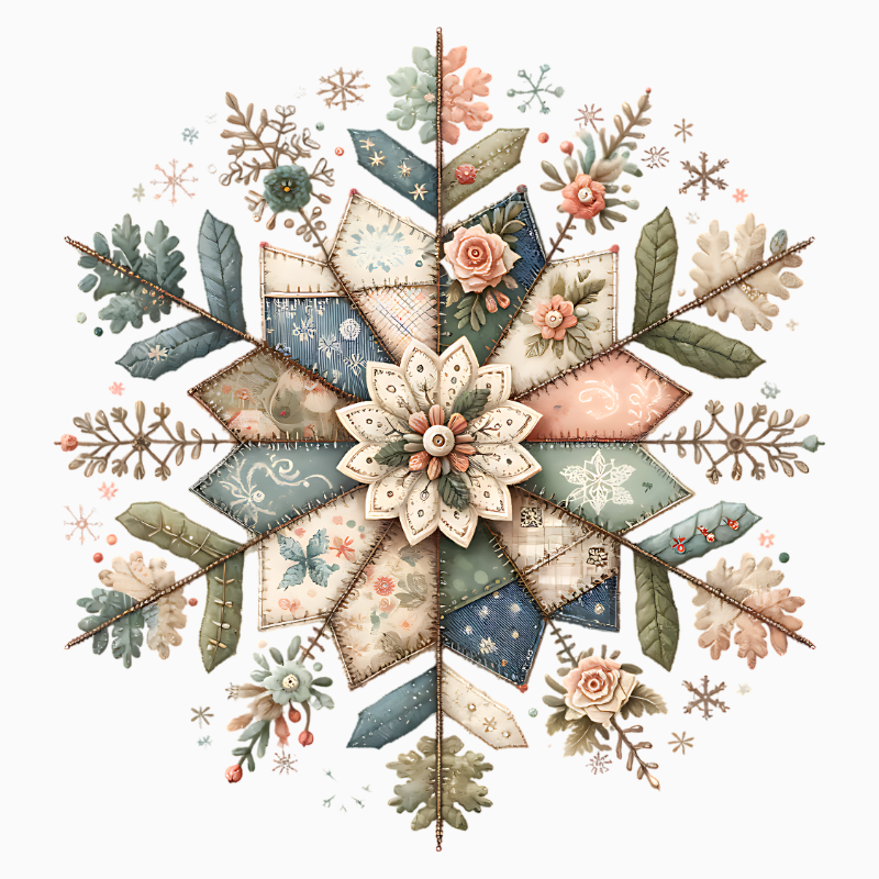 Patchwork Snowflake PNG – Quilted Winter Mandala Clipart | Pastel Vintage Christmas Artwork