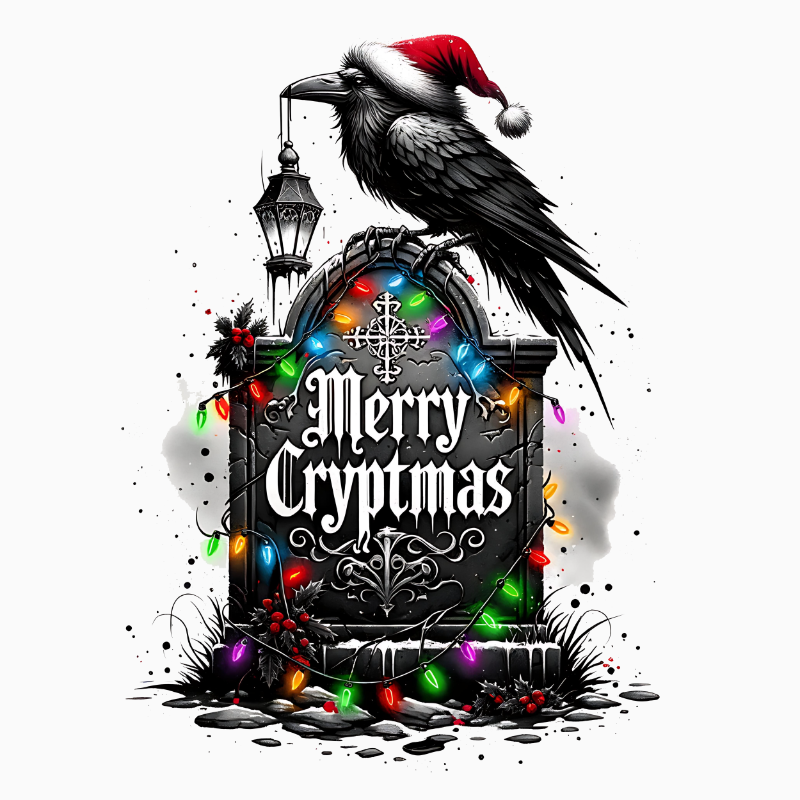 Merry Cryptmas PNG – Gothic Raven on Tombstone Clipart | Dark Holiday Graveyard Sublimation Design