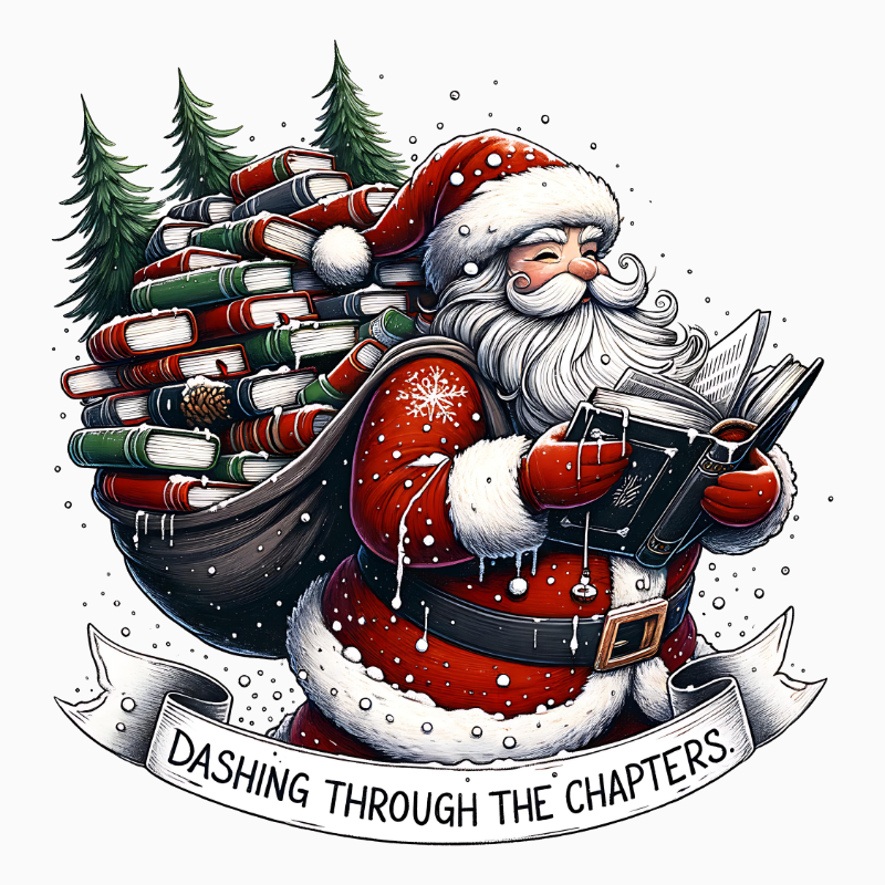 Dashing Through the Chapters PNG – Santa Reading Book Clipart | Christmas Book Lover Sublimation Design