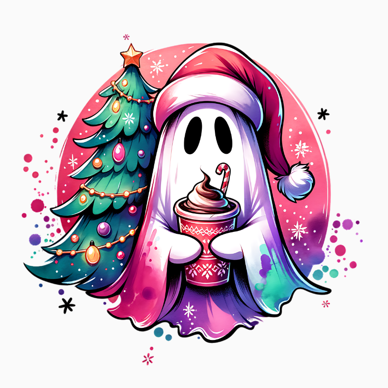 Ghost Christmas Cocoa PNG – Cute Holiday Spirit Clipart | Festive Spooky Tree Sublimation Design