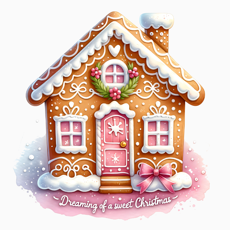 Dreaming of a Sweet Christmas PNG – Pink Gingerbread House Clipart | Cute Pastel Holiday Sublimation Design