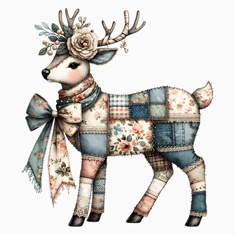 Patchwork Deer PNG – Floral Fabric Woodland Clipart | Quilted Christmas Cottagecore Sublimation Design