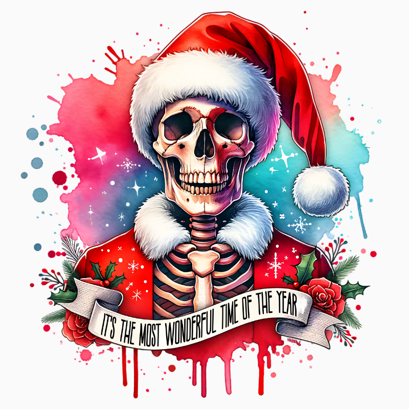 Most Wonderful Time Skeleton PNG – Festive Santa Skeleton Clipart | Dark Humor Christmas Sublimation Design