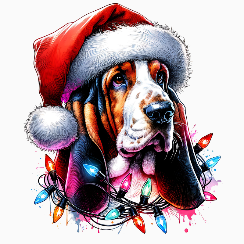 Christmas Basset Hound PNG – Cute Santa Hat Dog Clipart | Festive Holiday Lights Sublimation Design