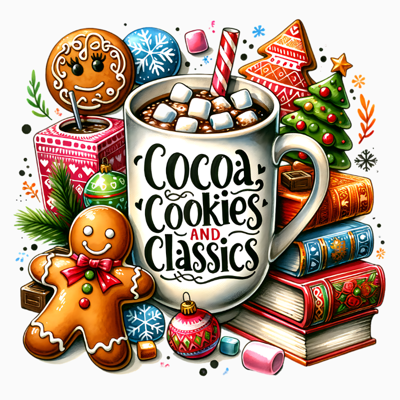 Cocoa Cookies and Classics PNG – Cozy Christmas Mug Clipart | Holiday Reading Sublimation Design