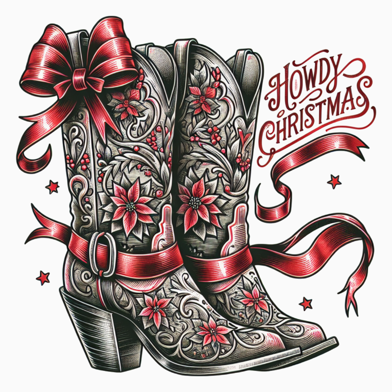 Howdy Christmas PNG – Western Cowboy Boots Clipart | Poinsettia Floral Holiday Sublimation Design