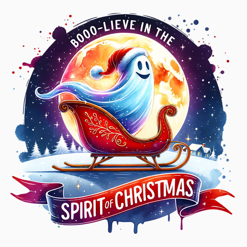 Booo‑lieve in the Spirit of Christmas PNG – Ghost in Sleigh Clipart | Spooky‑Cute Holiday Sublimation Design