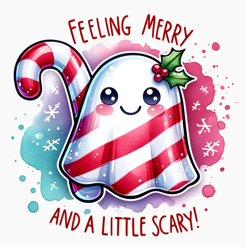 Feeling Merry & A Little Scary PNG – Candy Cane Ghost Clipart | Cute Spooky Christmas Sublimation Design